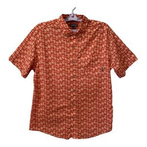 Eddie Bauer Men's Shirt M Salmon color  Short Sleeve Button-Up Fox Print Logo